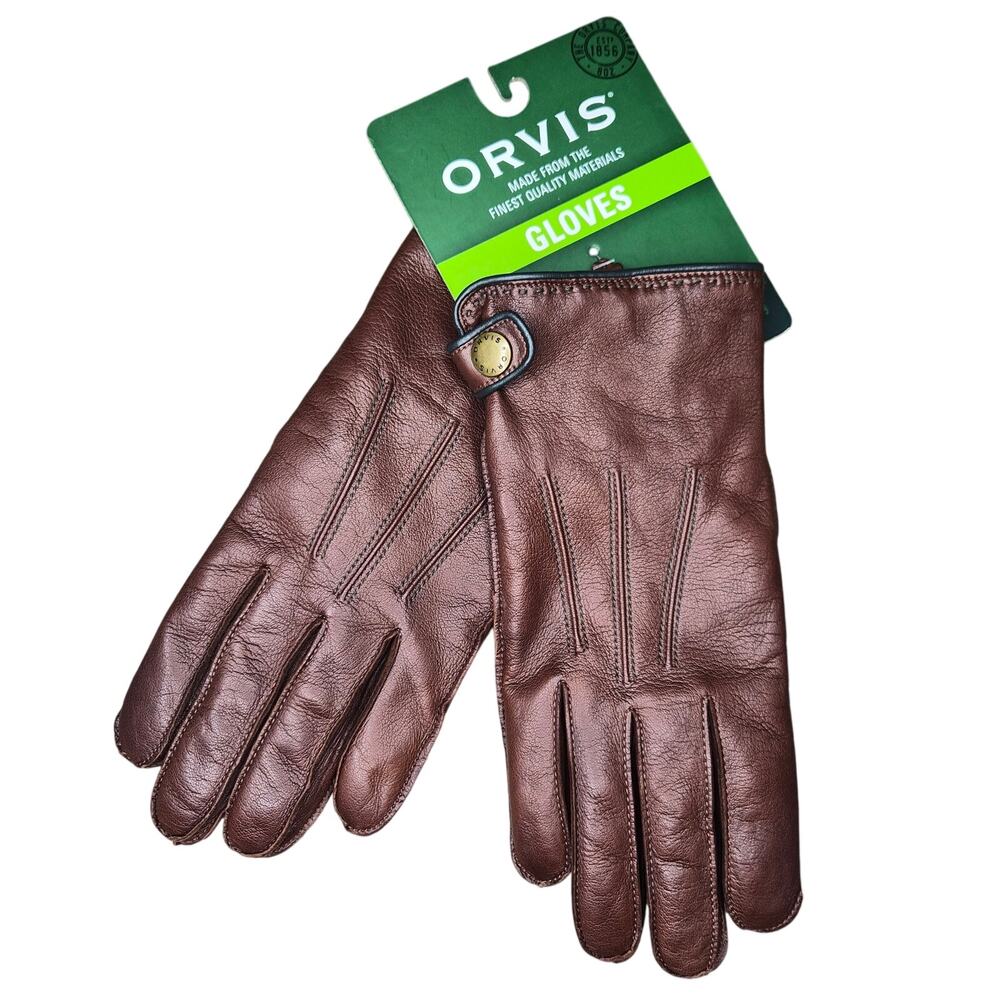 Orvis Mens Large Brown Leather Gloves 100% Cashmere Lined Winter Driving